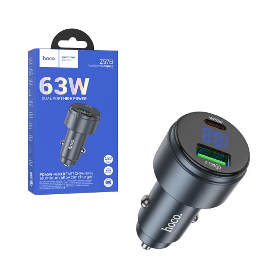 Hoco Car Charger Z57B Glorious 2 Port USB+Type-C 63W Metal Gray